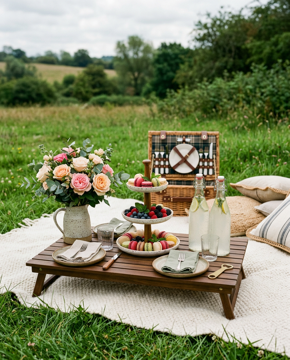 A tiered tray of macarons and berries on a low picnic table beside a jug of garden roses and a wicker hamper
